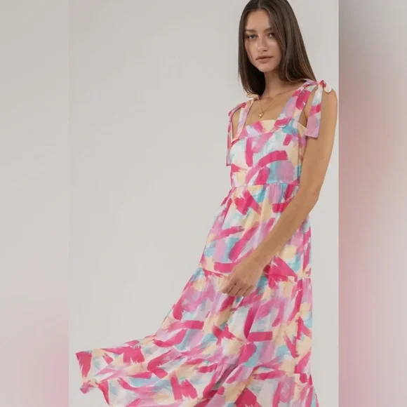 NWT Blu Pepper Brush Stroke Print Tiered Midi Dress - Picture 3 of 3